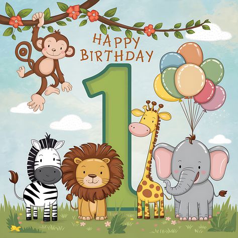 Happy 1st Birthday Wishes, Birthday Graphics, 1st Birthday Wishes, Animal Theme Birthday, Safari Animals Birthday, Kids Cartoon Characters, Jungle Scene, Happy 1st Birthday, Animals Birthday