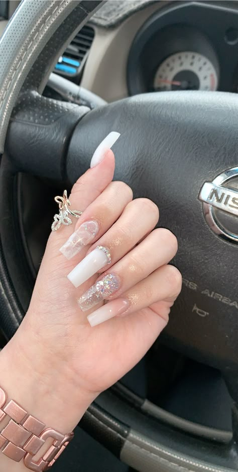 Clear White Acrylic Nails Coffin, White Long Acrylic, All White Long Acrylic Nails, Long White Glitter Acrylic Nails, Long Square Acrylic Nails Milky White, Gucci Nails, Spring Acrylic Nails, Nails Now, Glamour Nails