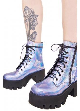 Opalescent Odyssey Boots Holo Shoes, Hologram Shoes, Holographic Boots, Holographic Fashion, Shiny Boots, Shiny Shoes, Festival Shoes, Dr Shoes, Rave Accessories