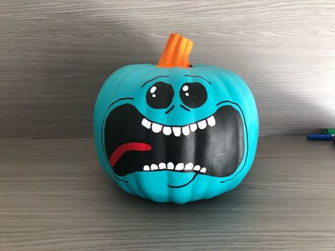 Mr Meeseeks Pumpkin Painting, Pumpkin Decoration No Carve, Pumpkin Painting Ideas Rick And Morty, Rick And Morty Pumpkin Painting, Oval Pumpkin Painting Ideas, Funny Pumpkins Painting, Pumpkin Painting Creative, Monster Pumpkin Painting, Rick And Morty Pumpkin