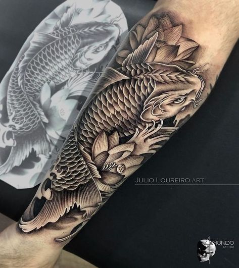 Tattoo work done with EM149 Tattoo work from Brazil on Instagram: @julioloureiro_art @stigma_tattoo_supply Koi Fish Tattoo Forearm, Japanese Tattoo Koi, Dragon Koi Tattoo Design, Koi Dragon Tattoo, Samurai Tattoo Sleeve, Carp Tattoo, Japanese Koi Fish Tattoo, Koi Tattoo Sleeve, Half Sleeve Tattoos Forearm