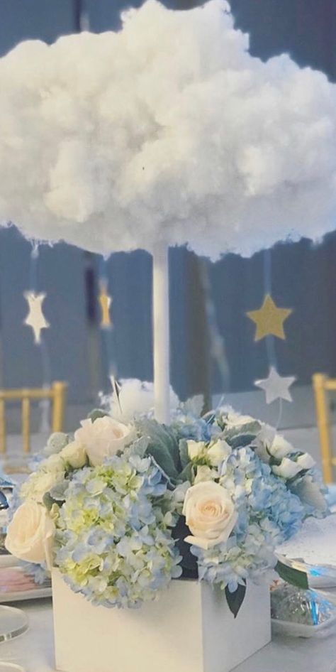 Heaven Sent Centerpiece Ideas, Cloud Centerpieces Shower Ideas, Heaven Centerpieces, Birthday Clouds Theme, Heaven Sent Centerpieces, Heaven Sent Baby Shower Centerpieces, Diy Cloud Centerpieces, Cloud Centerpiece Ideas, Clouds Centerpiece Ideas