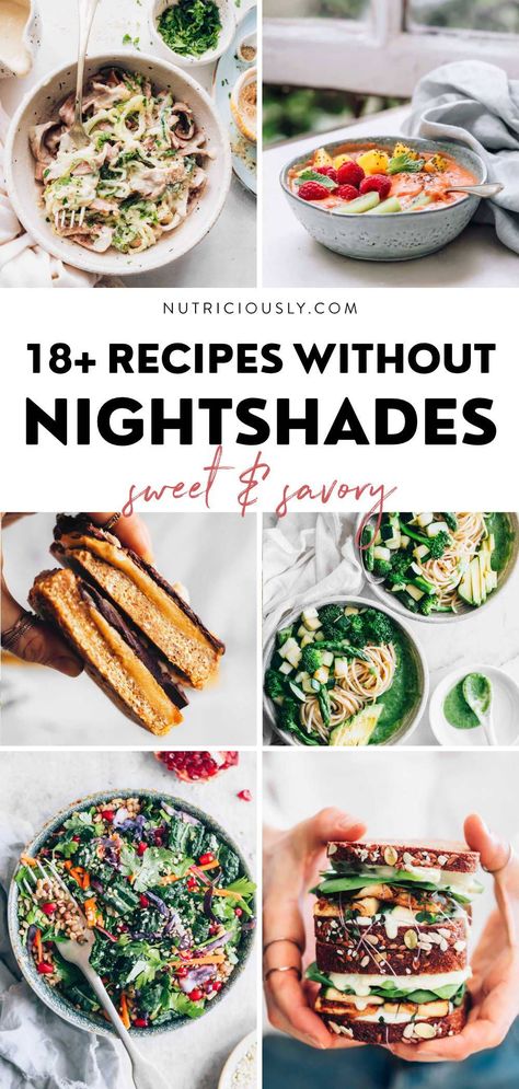 Can’t have tomatoes, potatoes, eggplants, or peppers? No problem; these delicious nightshade-free recipes are easy, nutritious, and family-friendly! Try our sweet and savory picks for breakfast, lunch, dinner, and dessert, today. Nightshade Free Recipes Slow Cooker, Nightshade Free Vegan Recipes, Nightshade Free Vegetarian Recipes, Nightshade Free Recipes Dinner, Non Nightshade Recipes, Nightshade Allergy Recipes, Nightshade Free Side Dishes, Nightshade Free Salad Recipes, No Tomatoes Recipes