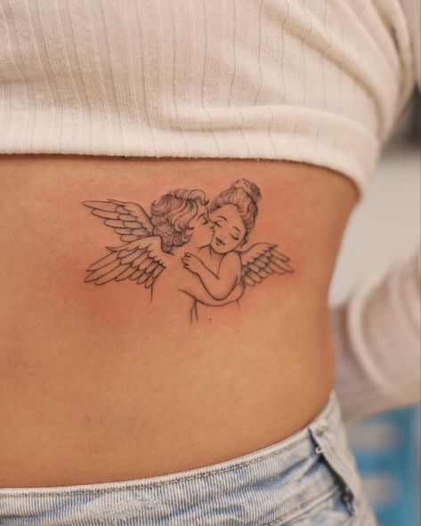 Cute Angle Tattoo, 2 Cherubs Tattoo, Angel Line Art Tattoo, Angle Tattoo Design, Dainty Angel Tattoo, Two Cherubs Tattoo, Cherub Tattoos, Cherubs Tattoo, Cherub Angel Tattoo