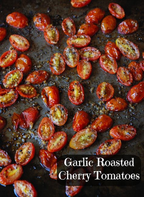 Garlic Roasted Cherry Tomatoes from www.thenovicechefblog.com Yummy Vegetable Recipes, Roasted Cherry, Roasted Cherry Tomatoes, Delicious Vegetables, Tomato Recipes, Side Recipes, Lunch Snacks, Veggie Dishes, Vegetable Side Dishes