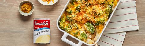 Chicken Broccoli Curry Casserole - Campbell Soup Company Chicken Broccoli Curry, Curry Casserole, Chicken Broccoli Divan, Broccoli Curry, Chicken Broccoli Bake, Campbells Soup Recipes, Campbells Recipes, Yellow Squash Casserole, Squash Casserole Recipes