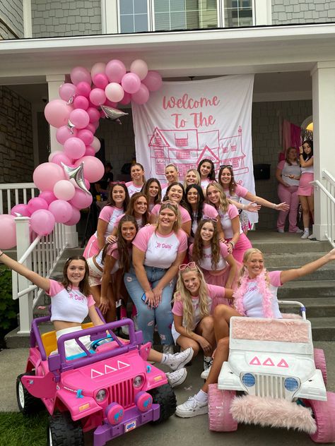 Barbie Theme Sorority Bid Day, Welcome To The Dream House Sorority, Barbie Recruitment Theme, Welcome To The Dream House Bid Day, Barbie Bid Day Theme, Barbie Bid Day, Longest Table, Adpi Recruitment, 2023 Themes