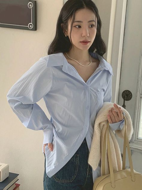 Blue Casual Collar Long Sleeve Woven Fabric Plain Shirt Embellished Non-Stretch Spring/Summer/Fall Women Clothing Shirt Outfit Summer, Viscose Blouse, Blue Button Up Shirt, Plain Shirt, Striped Long Sleeve Shirt, Women Blouses, Casual Stripes, Plain Shirts, Loose Tops