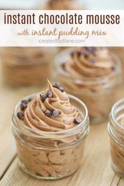 instant chocolate mousse with instant pudding mix createdbydiane.com Instant Pudding Desserts, Instant Pudding Recipes, Jello Pudding Recipes, Quick Puddings, Vanilla Pudding Recipes, Chocolate Pudding Desserts, Chocolate Pudding Recipe, Keto Chocolate Mousse, Easy Chocolate Mousse