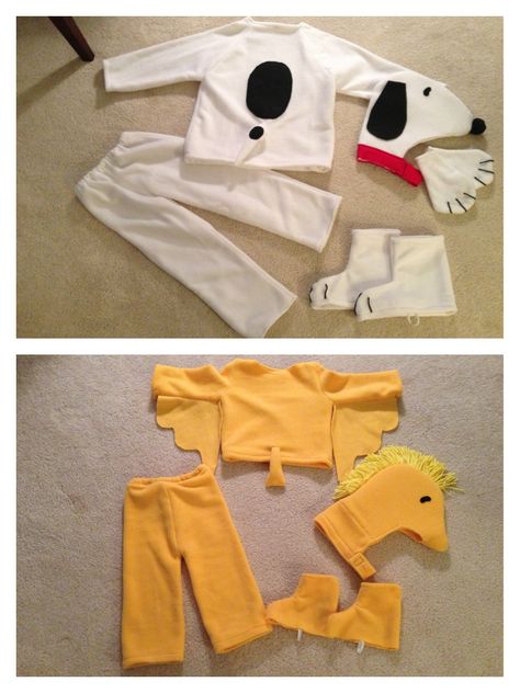 Homemade Snoopy and Woodstock outfits for Halloween. Woodstock Costume Diy, Woodstock Costume Peanuts Diy, Snoopy And Woodstock Costume, Snoopy Costume Diy, Baby Wearing Costumes, Woodstock Costume, Woodstock Outfit, Peanuts Halloween Costume, Snoopy Costume