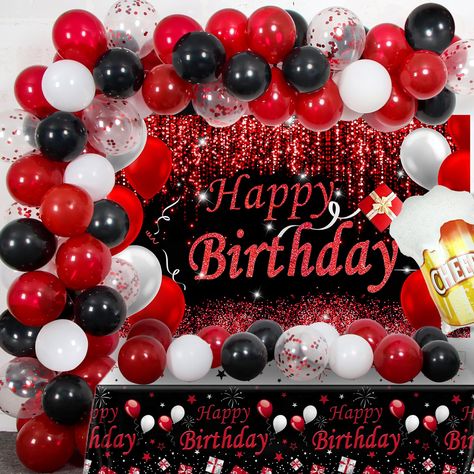 PRICES MAY VARY. Suitable for Many Ages and Occasions - This red and black birthday decorations balloon arch kit will add a luxurious ambiance to your indoor or outdoor event and make your bday party more awesome.Perfect for many ages like 18th 19th 21th 23th 25th 26th 28th 29th 30th 35th 40th 50th birthday party decorations. Package Inclueded - 25X red balloons, 20X black balloons, 10X white balloons,10X confetti balloons, 1X backdrop (70*43 inch), 1X tablecloth (70*42 inch), 1X Foil Balloon, 1 Red And Black Party Decorations, Red And Black Party, Black Party Decorations, Silver Party Decorations, Bday Decor, Balloons Arch, Birthday Decorations For Men, 50th Birthday Party Decorations, Black Birthday