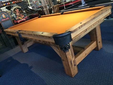 Rustic/Modern tables are all the rage, and we've got 5-6 models on display in our Raleigh Showroom. Stop by Atlantic Spas and Billiards on Glenwood Avenue today to find your dream table!! #OlhausenBilliards #Olhausen #PoolTable Pool Table Legs Diy, Pool Table Ideas, Folding Pool Table, Diy Pool Table, Pool Table Design, Man Cave Shop, Custom Pool Tables, Pool Table Games, Mountain House Decor