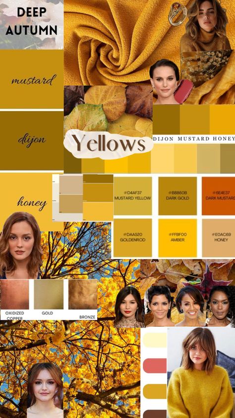 #deepautumn #darkautumn #yellows Deep Autumn Makeup, Deep Autumn Palette, Autumn Color Palette Fashion, Deep Autumn Color Palette, Autumn Skin, Deep Autumn, Dark Autumn, Seasonal Color Analysis, Color Me Beautiful