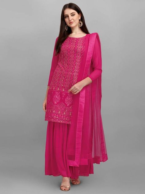 Faux Magenta Embroidered Georgette Sharara Dupatta with Semi Stitched Top. (1 Top / 1 Bottom / 1 Dupatta) Georgette Salwar Suit, Indian Dress Up, Georgette Sharara, Women Salwar Suit, Global Desi, Salwar Suits Party Wear, Salwar Kameez Designs, On Phone, Stylish Dress Designs