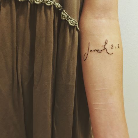 My tattoo, Jonah 2:2 #Jesus #Tattoo #cursive #lettering #ink Jonah Tattoo, Cursive Name Tattoo, Kids Initial Tattoos, Tattoo Cursive, Initial Tattoos, Tats Ideas, Baby Name Tattoos, Cursive Lettering, Cursive Tattoos