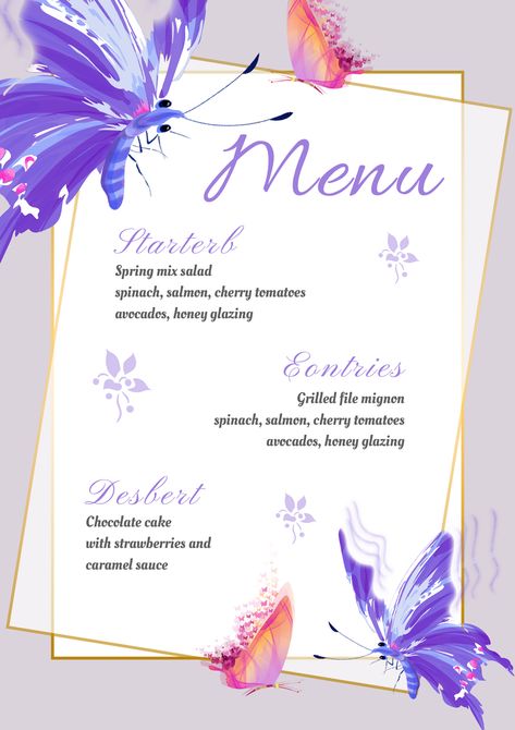 Menu Sans Gluten, Butterfly Wedding Invitations, Frames Flowers, Spring Mix Salad, Creative Butterfly, Minimalist Invitation, Menu Designs, Butterfly Background, Menu Planners