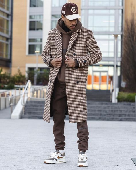 Peacoat And Sneakers Outfit, Black Mens Winter Fashion, Mens Peacoat Outfit Casual Street Styles, Men Holiday Outfit Christmas, Red Peacoat Outfit Men, Men’s Winter Street Outfits, Black Guy Winter Outfits, Fall Drip Outfits Men, Men Holiday Outfit