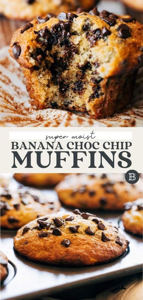 These banana chocolate chip muffins are so moist and rich with banana flavor! They are baked with mini chocolate chips, so there's a speckling of chocolate in every bite! Easy Banana Chocolate Chip Muffins, Chocolate Chip Cupcakes Recipe, Banana Chip Muffins, Banana Chocolate Chip Muffins Healthy, Banana Bread Cupcakes, Chocolate Chip Banana Bread Muffins, Moist Chocolate Chip Muffins, Best Banana Muffin Recipe, Banana Choc Chip Muffins