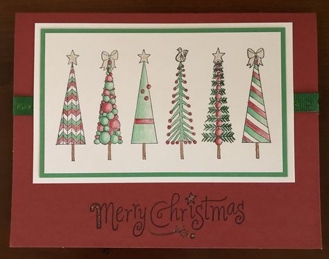 Stamped, colored pencil, tree Christmas card Colored Pencil Christmas Cards, Pencil Tree Christmas, Pencil Project, Pencil Tree, Color Pencil Art, Tree Christmas, Colored Pencil, Crafty Stuff, Pencil Art