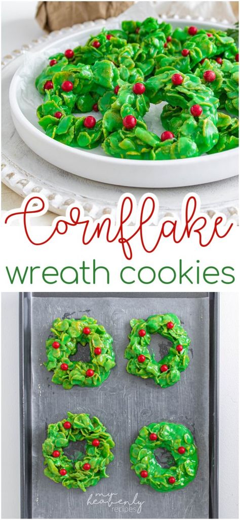 Cornflake Wreath Cookies Recipe- ooey gooey marshmallow goodness with a crunch from the cornflakes! Easy christmas dessert idea. Favorite xmas holiday treat to make for the kids. Fun christmas cornflake wreaths. Christmas Wreath Dessert, Cornflake Wreaths, Cornflake Cookies Recipe, Easy Christmas Dessert, Christmas Wreath Cookies, Marshmallow Desserts, Cornflake Cookies, Winter Snack, Christmas Food Treats