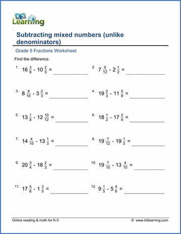 Grade 5 math worksheets on subtracting fractions from mixed numbers. Free pdf worksheets from K5 Learning's online reading and math program. Fractions Worksheets Grade 4, Fractions Worksheets Grade 5, Mixed Fractions Worksheets, Subtracting Mixed Numbers, Grade 5 Math Worksheets, Mixed Fractions, Add And Subtract Fractions, Adding Fractions, Adding And Subtracting Fractions