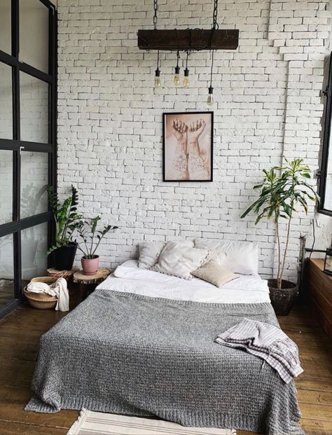 White Industrial Bedroom, White Brick Wall Bedroom, Brick Bedroom Ideas, Small Industrial Bedroom, Bedroom Ideas Industrial, Loft Bedroom Decor, Bedroom Scandinavian Style, Bedroom Industrial Chic, Brick Wall Bedroom