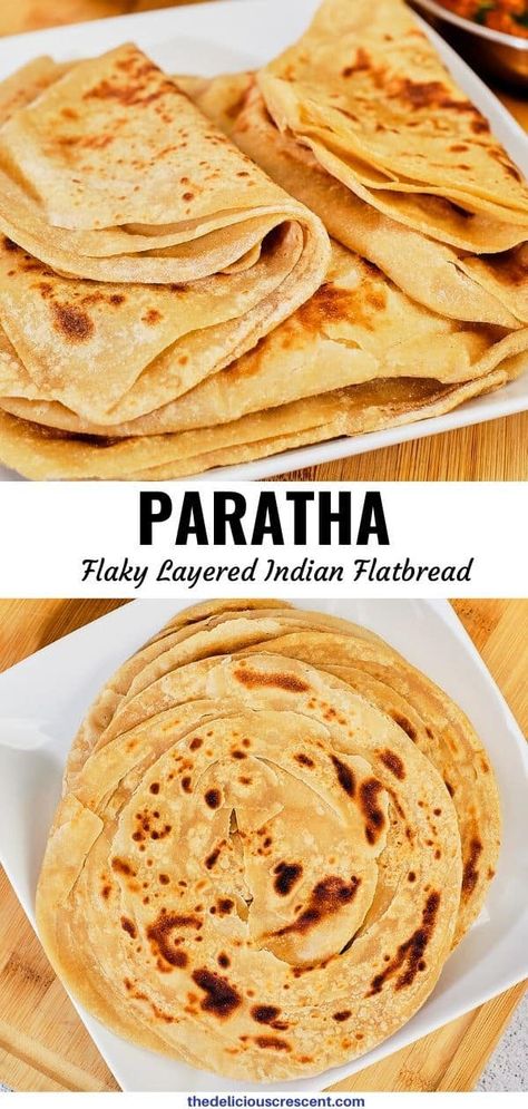 Paratha is a delicious flaky layered Indian flatbread. Learn about my secret ingredient to amazingly soft layers that stay good and fresh for a long time. This plain paratha recipe shows you how to make this unleavened bread with few ingredients and using three different layering techniques. #paratha #flatbread #Indianrecipe Roti Recipe Easy, Soft Roti Recipe, Roti Indian, Paratha Bread, Laccha Paratha, Indian Bread Recipes, Chapati Recipes, Roti Bread, Indian Flatbread