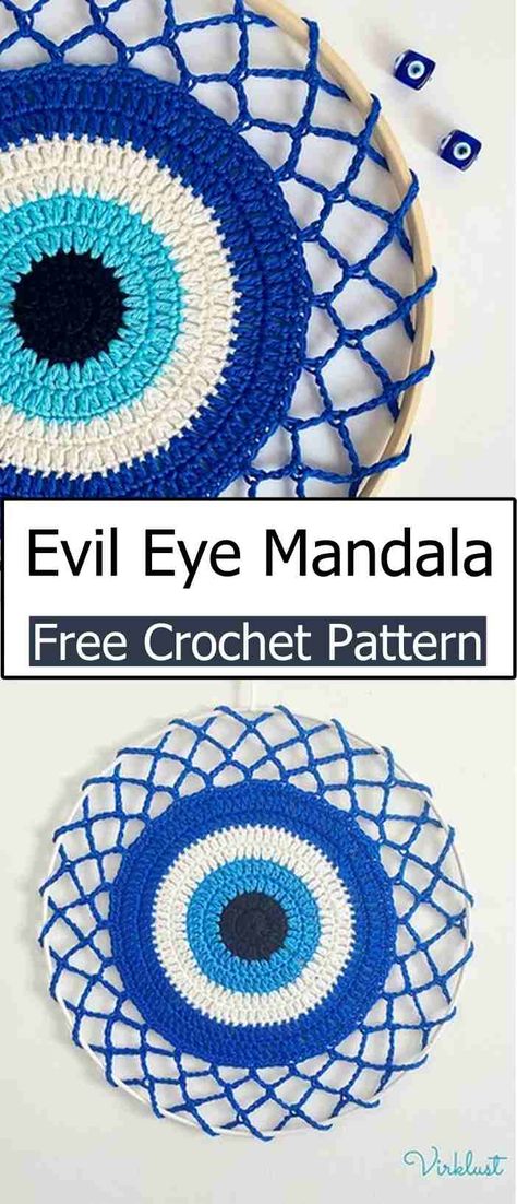 Evil Eye Crochet Wall Hanging, Diy Evil Eye Decor, Evil Eye Crochet Pattern Free, Crochet Pagan, Weird Crochet, Free Mandala Crochet Patterns, Witchy Crochet, Household Crochet, Evil Eye Crochet