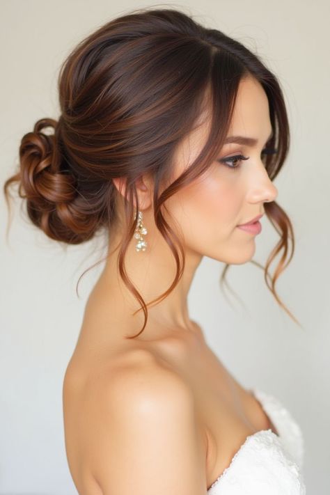 28 Elegant Wedding Hairstyles Ideas 2025 - Fashion Trend Hacks Brunette Bridal Hair, Low Bun Wedding Hair, Elegant Wedding Hairstyles, Wedding Hair Trends, Bridal Hair Down, Snow Wedding, Wedding Hair Up, Medium Brown Hair, Romantic Wedding Hair