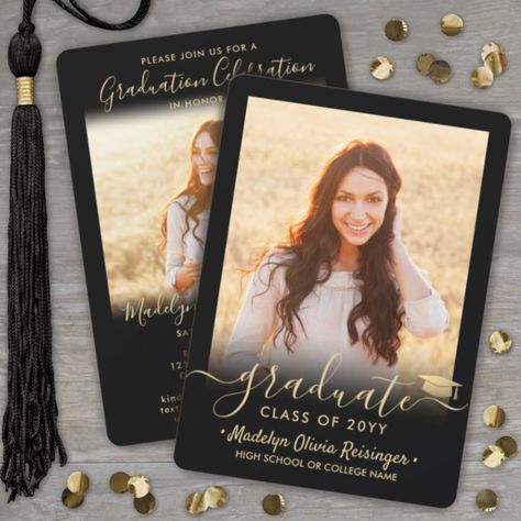 Black And Gold Invitations, Graduation Invitation Cards, Celebrate Success, Graduation Invitations High School, College Graduation Announcements, Gold Graduation Party, Graduation Templates, Graduation Announcement, Gold Invitations