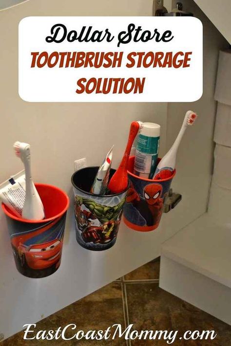 Speed up mornings by using dollar store cups to organize your kids’ toothbrushes. Kids Bathroom Organization, Motif Mandala Crochet, Family Organization, Budget Furniture, Toothbrush Organization, Clever Kids, Bathroom Stuff, Brush Teeth Kids, Toothbrush Storage