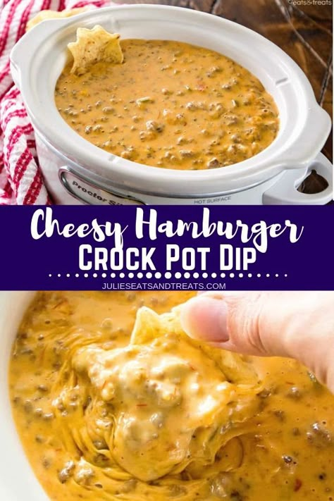 A quick and easy Crock Pot Dip recipe! This Cheesy Hamburger Crock Pot Dip is perfect for an appetizer at a party. #appetizer #recipe Crockpot Cheesy Hamburger Dip, Hamburger Dip Crockpot, Cheesy Hamburger Dip, Hamburger Cheese Dip, Hamburger Dip, Slow Cooker Dip Recipes, Crockpot Dips, Dip Recipes Crockpot, Slow Cooker Dips