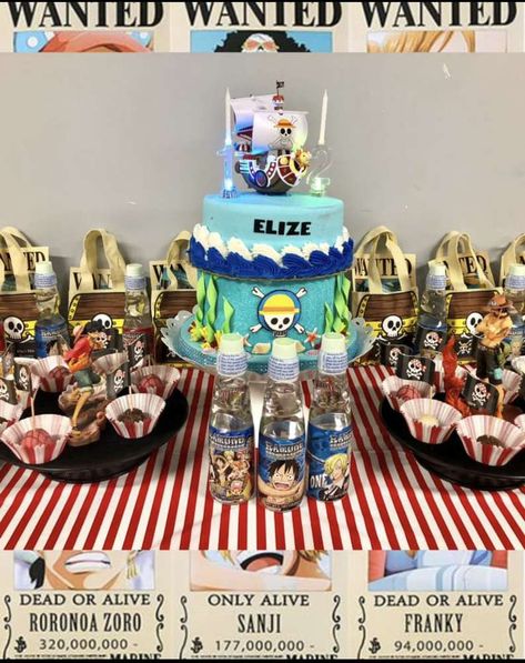 Elize’s 12th One Piece Anime Birthday  | CatchMyParty.com One Piece Anime Birthday, One Piece Birthday Party, One Piece Birthday, One Piece Party, One Piece Birthdays, One Piece Theme, Anime Birthday, Ocean Theme Birthday, Anime Cake