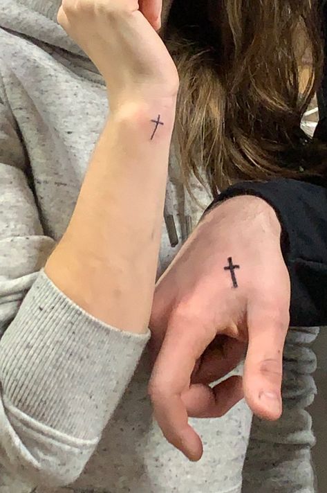 My bf and I’s matching cross tatts🥰😌 Cross Matching Tattoos, Matching Cross Tattoos Couple, Matching Cross Tattoos, Husband Wife Tattoos, Small Friendship Tattoos, Partner Tattoo, Partner Tattoos, Wife Tattoo, Matching Tats