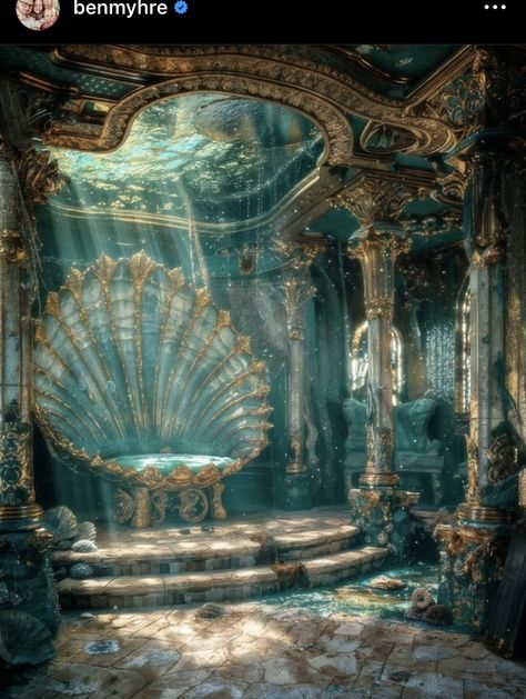 Fantasy Castle Interior, Mermaid City, Underwater Castle, Mythical Places, Mermaid Grotto, Kingdom Of Atlantis, Mermaid Castle, Gold Mermaid Tail, Mermaid House