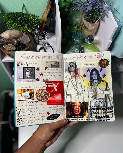 I recently picked up my journaling habit again after receiving a sketchbook journal as a gift from a coworker. 🩶 I thought it would be fun to start by sharing a little bit about myself and my current favorite things. I even added some stickers I made from my most recent trip. Might make a travel page so that you can see more of them. 😇 On the first page of my journal, I created a list of all the things I'm loving right now. This includes my favorite books, movies, music, and even some of my... First Page Of A Journal, First Sketchbook Page, Sketchbook Pages, First Page, Im In Love, Journal Pages, Favorite Books, Things To Think About, Sketch Book