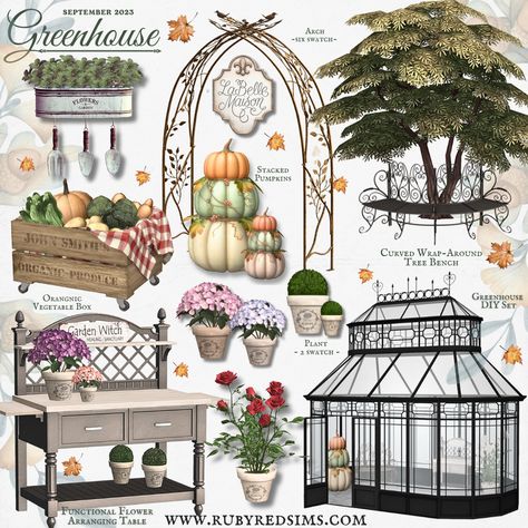 2023.09 Greenhouse Set Showcase | Patreon Sims 4 Cc Assecories Patreon, Sims 4 Outdoor Plants, Sims 4 Garden Cc, Sims4 Mod, Greenhouse Windows, Sims 4 Cottage, Victorian Greenhouse, Halloween City, Vegetable Boxes