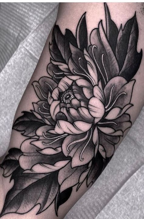 Flower Cover Up Tattoo Forearm, Neo Traditional Peony Tattoo Black, Bold Flower Tattoo Black, Dark Shaded Flower Tattoo, Dark Peony Tattoo, Floral Black Work Tattoo, Dark Flower Tattoos, Dark Flowers Tattoo, Blackwork Tattoo Coverup