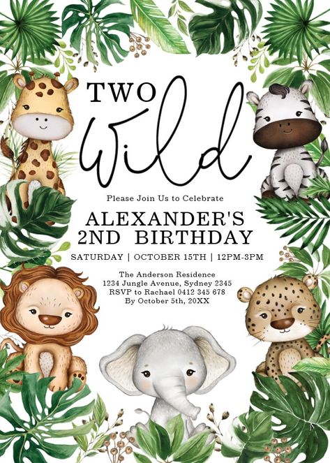 Greenery Birthday, 2nd Birthday Boy, Tropical Safari, Wild Birthday Party, Animal Birthday Invitation, 2nd Birthday Boys, Animals Jungle, Jungle Theme Birthday, Two Wild