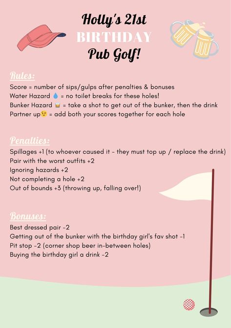 Customisable Pub Golf Templates Pink Pint Template - Etsy Australia Pub Golf Rules, Pub Golf Scorecard, Pub Golf, Golf Scorecard, Par Tee, Golf Birthday Party, Golf Score, Golf Rules, Golf Party