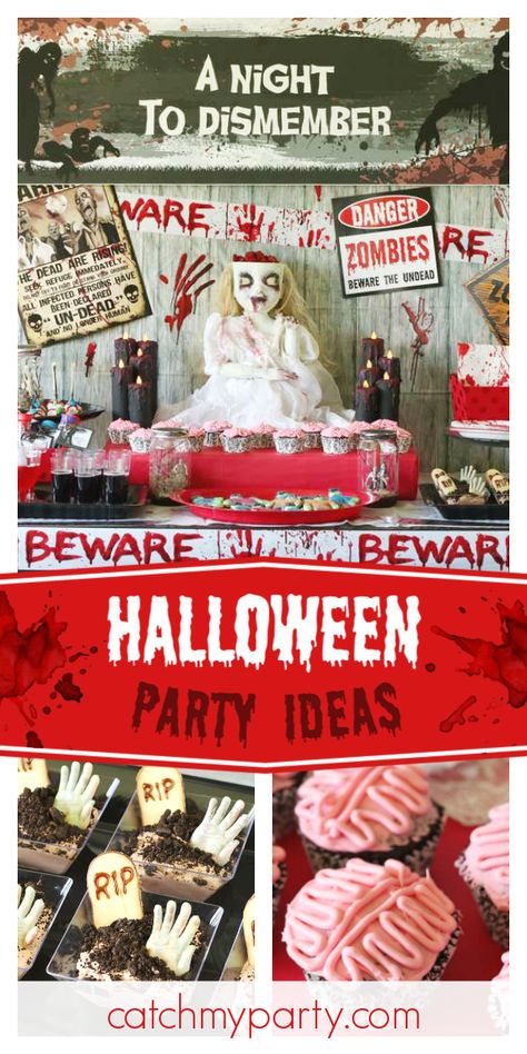 Check out this creepy zombie Halloween party! The brain cupcakes are awesome! See more party ideas and share yours at CatchMyParty.com #catchmyparty #partyideas #halloweenparty #halloween #zombies #halloween2019 #halloweendecor Zombie Prom Halloween Party, Zombie Halloween Party Decorations, Zombie Party Ideas, Creepy Cupcakes, Apocalypse Halloween, Zombie Themed Party, Zombie Halloween Decorations, Zombie Halloween Party, Brain Cupcakes