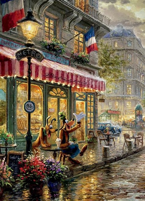 Thomas Kinkade Studios - Disney Thomas Kinkade Art, Kinkade Disney, Thomas Kinkade Disney, Art Thomas, Thomas Kinkade, Paris Street, Disney Wallpaper, Disney Art, Paris