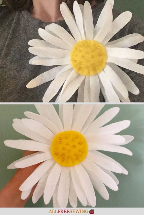 If you're wanting a fun hippie-style accessory for the spring, this Big Daisy Fabric Flower Pin Tutorial is for you. So bright and pretty (and a perfect project for kids or beginners)! Fabric Daisy Diy, Corsage Diy, Spring Sewing Projects, Pin Tutorial, Felt Daisy, Diy Daisy, Fabric Daisy, Big Daisy, Diy Corsage