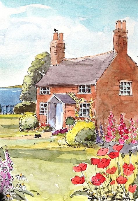 poppy cottage Watercolor Cottage, Henna Drawings, Canvas For Beginners, Watercolor Architecture, Canvas Painting Ideas, Watercolor Paintings For Beginners, Watercolor Paintings Easy, Easy Canvas Painting, 수채화 그림