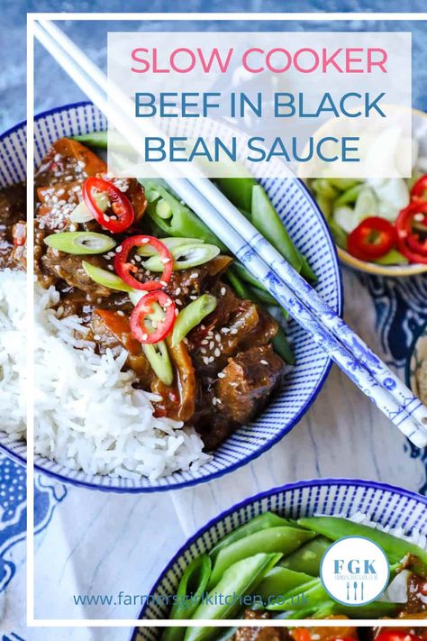 Beef in Black Bean Sauce is my Slow Cooker version of a classic Chinese recipe. A rich, sweet, and sticky sauce with tender pieces of beef and a hint of chilli, it's easy to make and delicious served with plain boiled rice and fresh stir-fried vegetables. #beef #blackbean #sauce #slowcooker #crockpot Chinese Slow Cooker Recipes, Slow Cooker Recipes Uk, Beef In Black Bean Sauce, Black Bean Sauce Recipe, Sticky Sauce, Slow Cooker Black Beans, Boiled Rice, Cooking Chinese Food, Slow Cooker Lamb