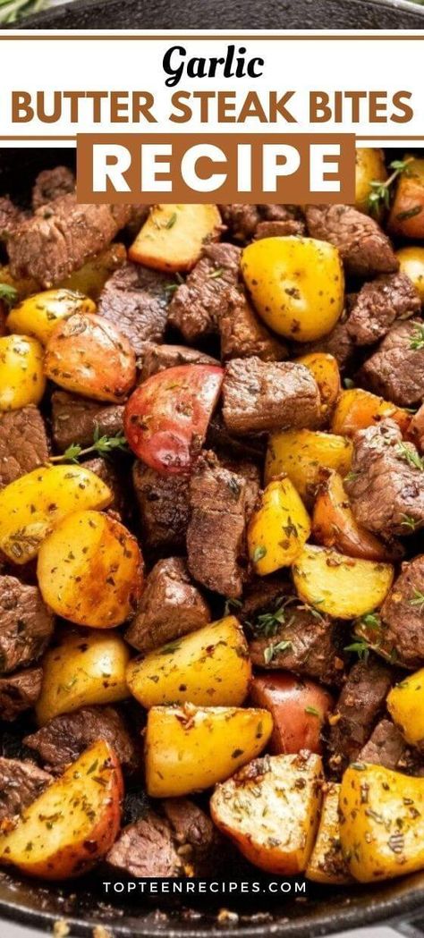 Garlic Butter Steak Bites Recipe - Top Recipes Sirloin Bites, Steak Bites With Potatoes, Butter Steak Bites Recipe, Easy Garlic Butter, Garlic Butter Steak Bites, Butter Steak Bites, Steak Dinner Recipes, Steak And Potatoes, Steak Bites Recipe