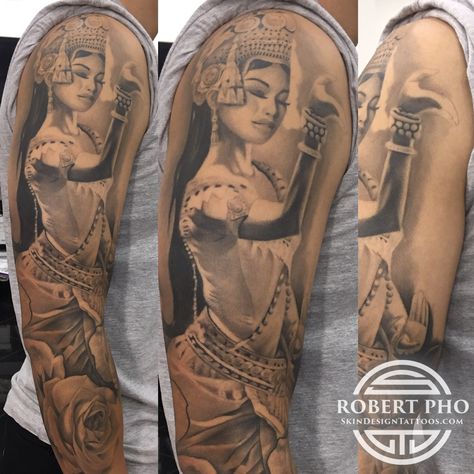 Cambodian apsara tattoo. Khmer tattoo Khmer Sleeve Tattoo, Cambodian Apsara Tattoo, Thai Dancer Tattoo, Apsara Tattoo Khmer, Cambodian Tattoo For Women, Cambodian Tattoo Khmer, Khmer Tattoo Cambodia, Pho Tattoo, Apsara Tattoo