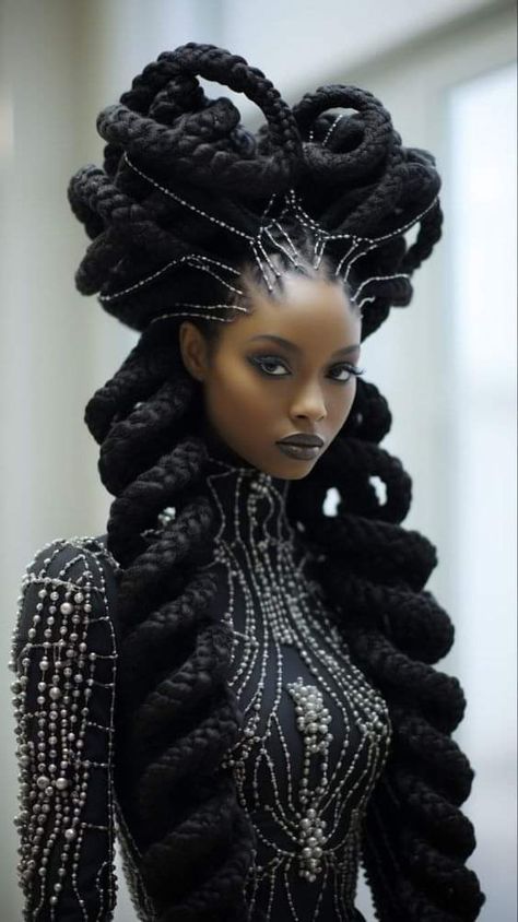 Cool Braided Hair, Futuristic Black Hairstyles, Royal Black Aesthetic, Royal Black Hairstyles, Black Woman Reference Photo, Fantasy Black Hairstyles, Afrofuturism Art Black Women, Natural Hair Drawings, Aesthetic Black Hairstyles