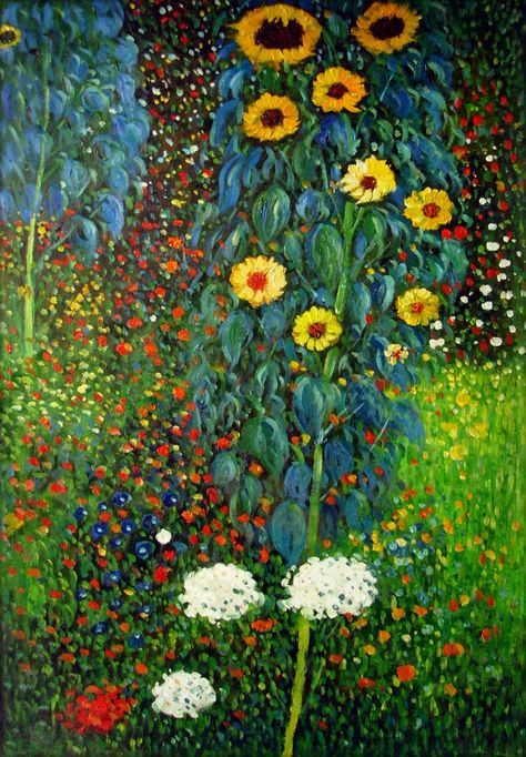 Klimt Garden, Klimt Flowers, Garden With Sunflowers, Famous Art Paintings, Gustav Klimt Art, Klimt Paintings, Klimt Art, Naive Illustration, Garden Artwork