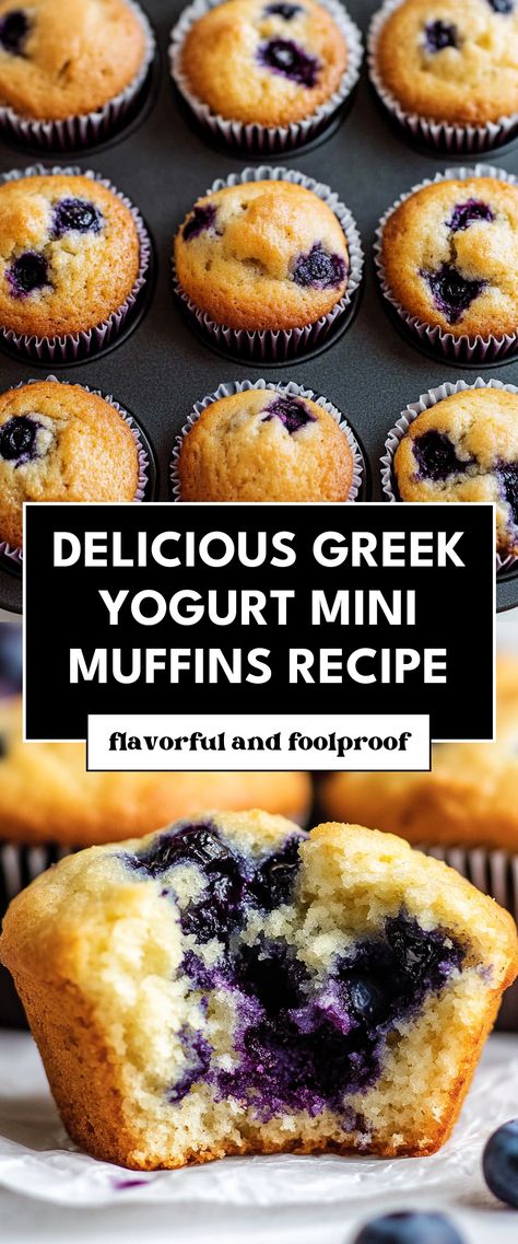 Image for Delicious Greek Yogurt Mini Muffins Recipe Easy Mini Blueberry Muffins, Mini Bites Muffins, Mini Muffin Breakfast Recipes, Mini Blueberry Muffins Healthy, Healthier Muffin Recipes, Muffins For Kids Healthy, Recipes With Yogurt Baking, Little Bites Muffins Copycat Recipe, Greek Yogurt Chocolate Chip Muffins